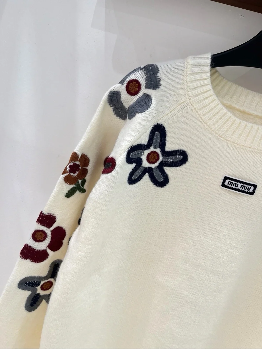 Miu Miu Cream Sweater with Multicolor Floral Embroidery